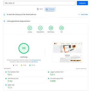 Selbsthilfe - Erfolgreich mit Marketing 1 Testergebnis von PageSpeedInsights für die Website upfox.at als Illustration für die Seite Marketing Selbsthilfe; Leistung 99, Barrierefreiheit 95, Best Practices 100, SEO 100