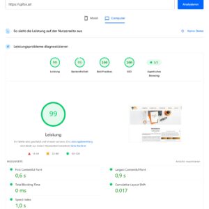 Testergebnis von PageSpeed Insights für die Website upfox.at als Illustration für die Seite Marketing Selbsthilfe; Leistung 99, Barrierefreiheit 95, Best Practices 100, SEO 100, Agentisches Browsing (KI-Optimierung) 3/3