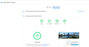 Testergebnis von PageSpeedInsights für die Website upfox.at vom 14.1.2026 als Illustration für die Seite: SEO und User Experience